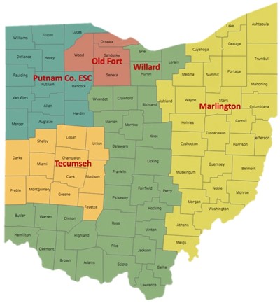 Map of Ohio with counties and school districts marked